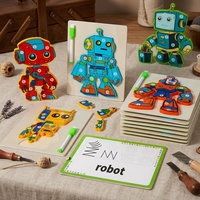 Jeu éducatif 2-en-1 pour l'apprentissage précoce : Puzzle robot DIY et tableau blanc de dessin en bois