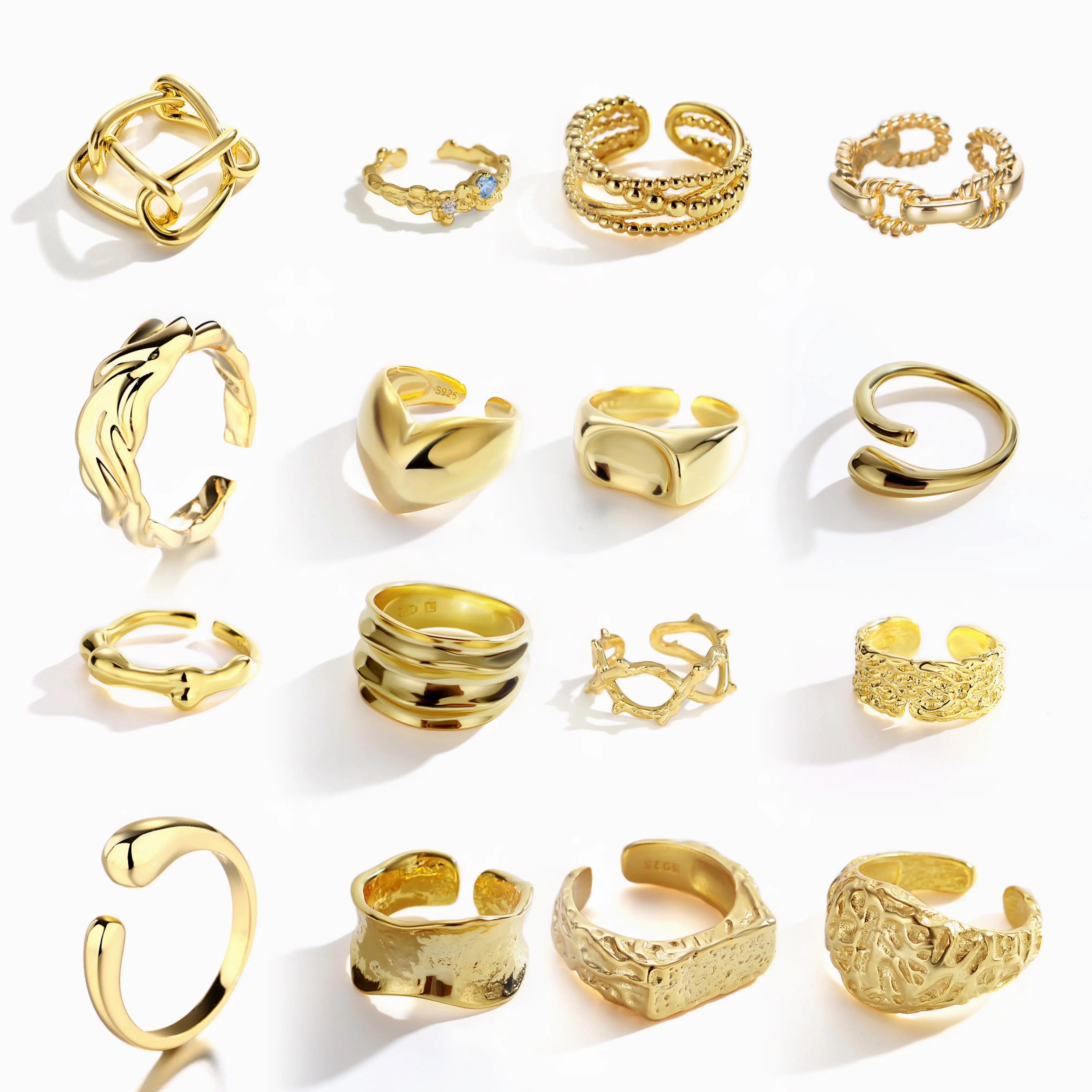 S925 Cincin Perak Perhiasan Wanita 18 K Croissant Berlapis Emas Kubah Putar dengan Cincin Minimalis Terbuka Dapat Diatur