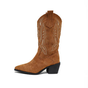 2024 automne nouveau col en v brodé manches Western Knight rétro moyen baril pointu talon grossier femmes bottes longues - Product Image 1
