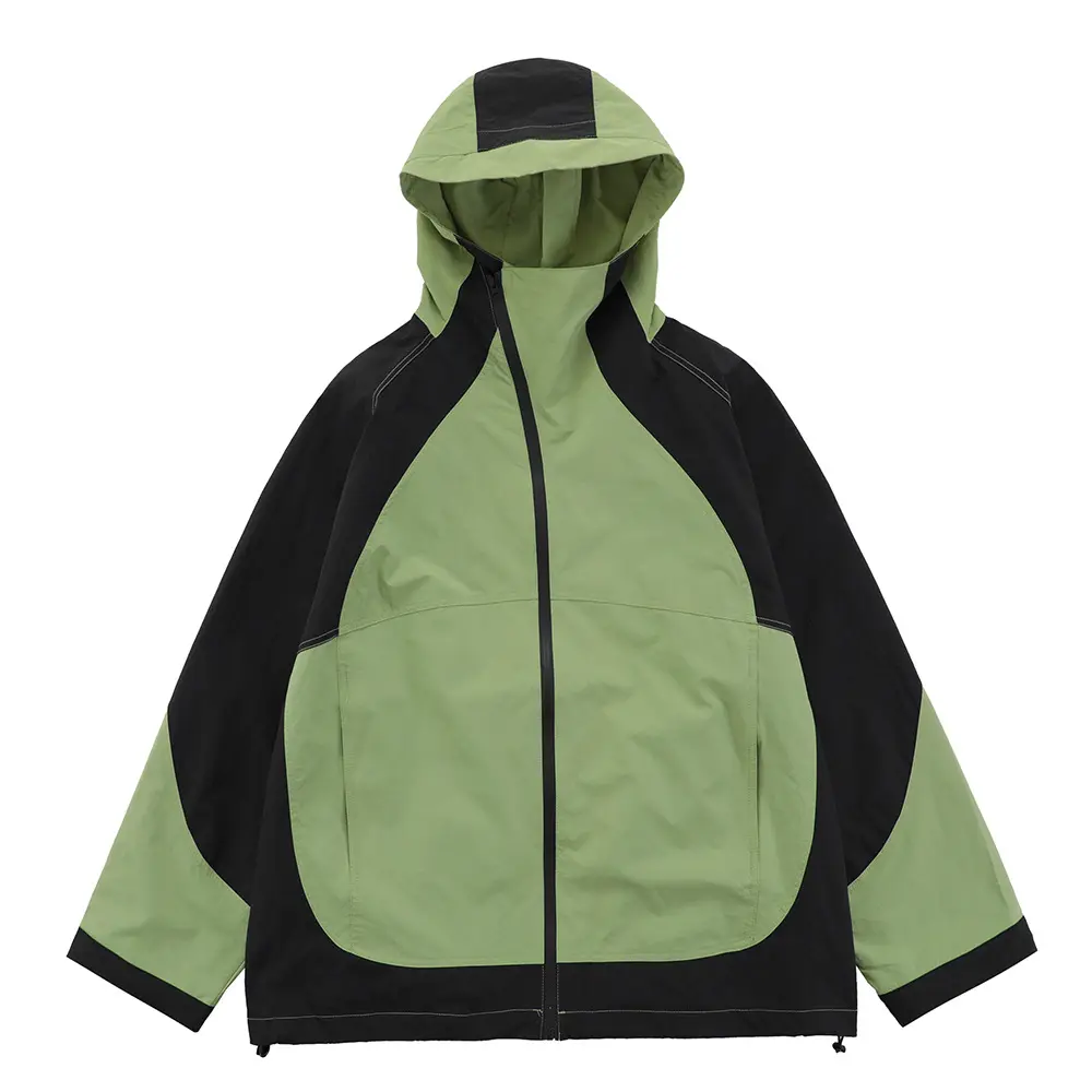 Custom logo color blocked windbreaker hoodie jacket coat with zipper men's trendy outdoor camp waterproof jacket