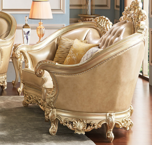 Divano Combinato in Pelle e Legno Massello Intagliato di Lusso Europeo Color Champagne, Arredamento per Soggiorno in Stile Francese - Product Image 3