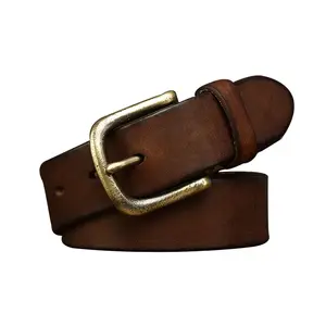 Cinturón de cuero antiguo hecho vintage lavado de 3,3 CM cinturón de mezclilla informal con hebilla de aguja de cobre puro de primera capa de piel de vaca para hombre