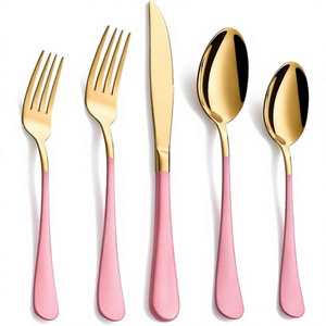 Juego de Cubiertos de Acero Inoxidable Ecológicos de Alta Calidad, Estilo Americano Moderno, 5 Piezas, con Elegantes Mangos Rosados para Fiestas - Product Image 1