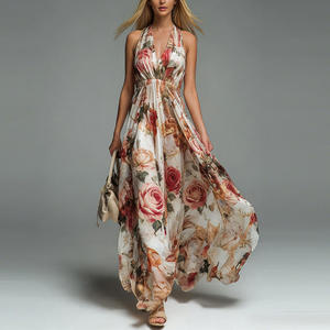 Robe mi-longue décontractée pour femme, imprimée, col halter, sans manches, coupe ajustée, en polyester, avec fermeture éclair - Product Image 3