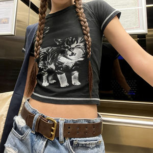 Camiseta de Verano para Mujer, Estilo Y2K, Estampado Animal, Ecológica, Transpirable, Cuello Redondo en Color Contrastante, Tejido Elástico, Manga Corta, Casual, Básica - Product Image 6