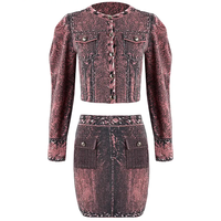Odm nouveau design col rond poche plaquée haut court bouton coton manches bouffantes tricoté cardigan jupe tricoté 2 pièces ensemble