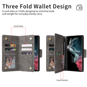 Nuovo Design Portafoglio a Tre Pieghe con 9 Slot per Carte e Cerniera in Pelle PU per Custodia Telefono <span class=keywords><strong>Samsung</strong></span> <span class=keywords><strong>S21</strong></span> S22 S23 Ultra <span class=keywords><strong>Plus</strong></span> Pro - Product Image 3