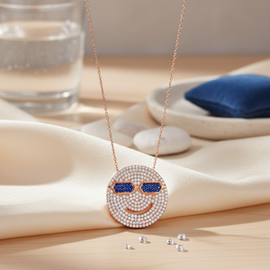 Collar con Forma de Cara Sonriente con Circonita Transparente y Cristales de Zafiro, Joyería Artesanal Turca de Plata de Ley 925 al por Mayor - Product Image 2