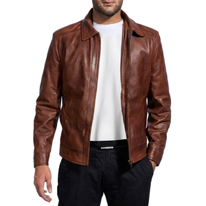 Men's Brown Genuine <b>Leather</b> <b>Jacket</b> Turn-down Collar Zipper Closure Solid Color Casual Autumn Wear Regular Length - Product Image 1