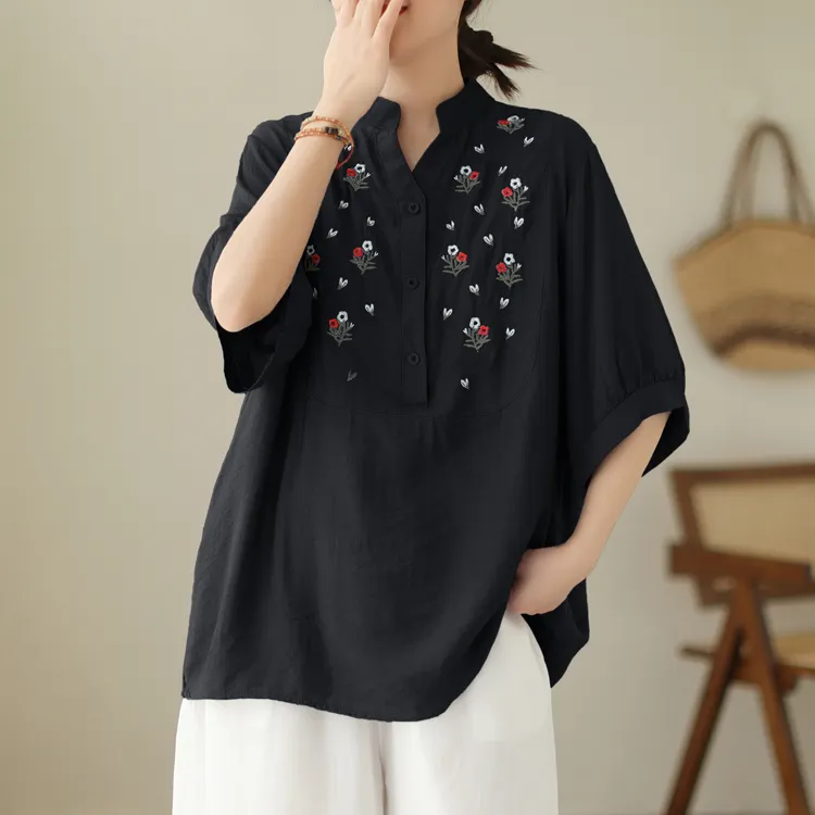 Wholesale 2023 Summer New Large V-Neck Cotton Hemp Short Sleeves Retro Embroidery Loose Art Women's Shirts