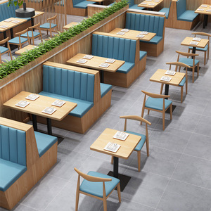 Modern restaurant, bankzittingen van massief hout, eettafel en stoelen, dubbelzijdige bank voor hotel, fastfood, salontafel - Product Image 1