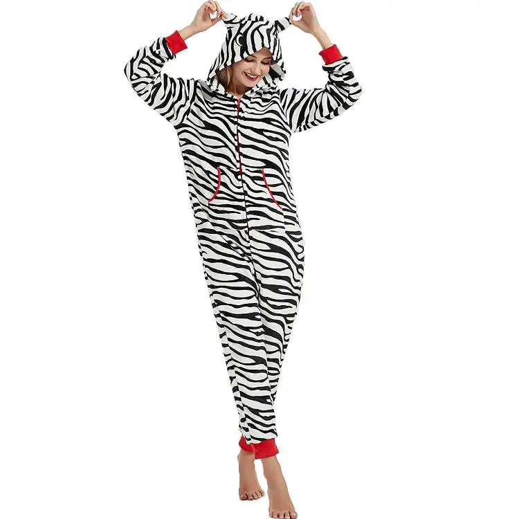 Zebra druck Stram pler Pyjama Damen Erwachsene einteilige Cartoon Cosplay Stram pler Plüsch einteilige Kostüm Pyjamas