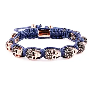 High Quality New Fashion Luxury CZ Pave Skull Navy Blue Cord Macrame Bracelet Men JBS10324