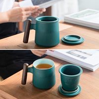 Tasse à thé en céramique avec infuseur et couvercle Tasse à café avec passoire et poignée en bois 13.5 OZ