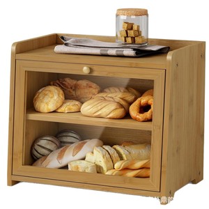 กล่องเก็บขนมปังไม้ไผ่สองชั้นพร้อมประตูกระจกสำหรับใช้ในครัวเบเกอรี่ - Product Image 1