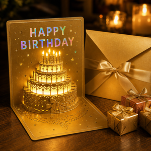 Tarjeta de felicitación de cumpleaños en 3D con luz, tarjeta musical con diseño de pastel, papel dorado, sobre para regalo de cumpleaños - Product Image 2