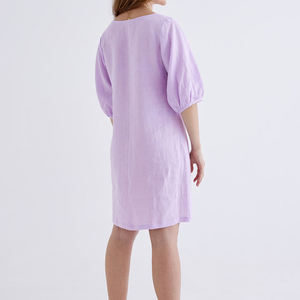 Nuovo Design estivo all'ingrosso <span class=keywords><strong>100</strong></span> in puro <span class=keywords><strong>lino</strong></span> eco-friendly tinta unita scollo a V vestito ampio da donna - Product Image 4