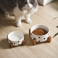 Bol en céramique pour chat et chien de style Hepburn NicePets |   5 motifs rétro anti-renversement pour aliments et eau |   Support en bois d'acacia pour mangeoire surélevée