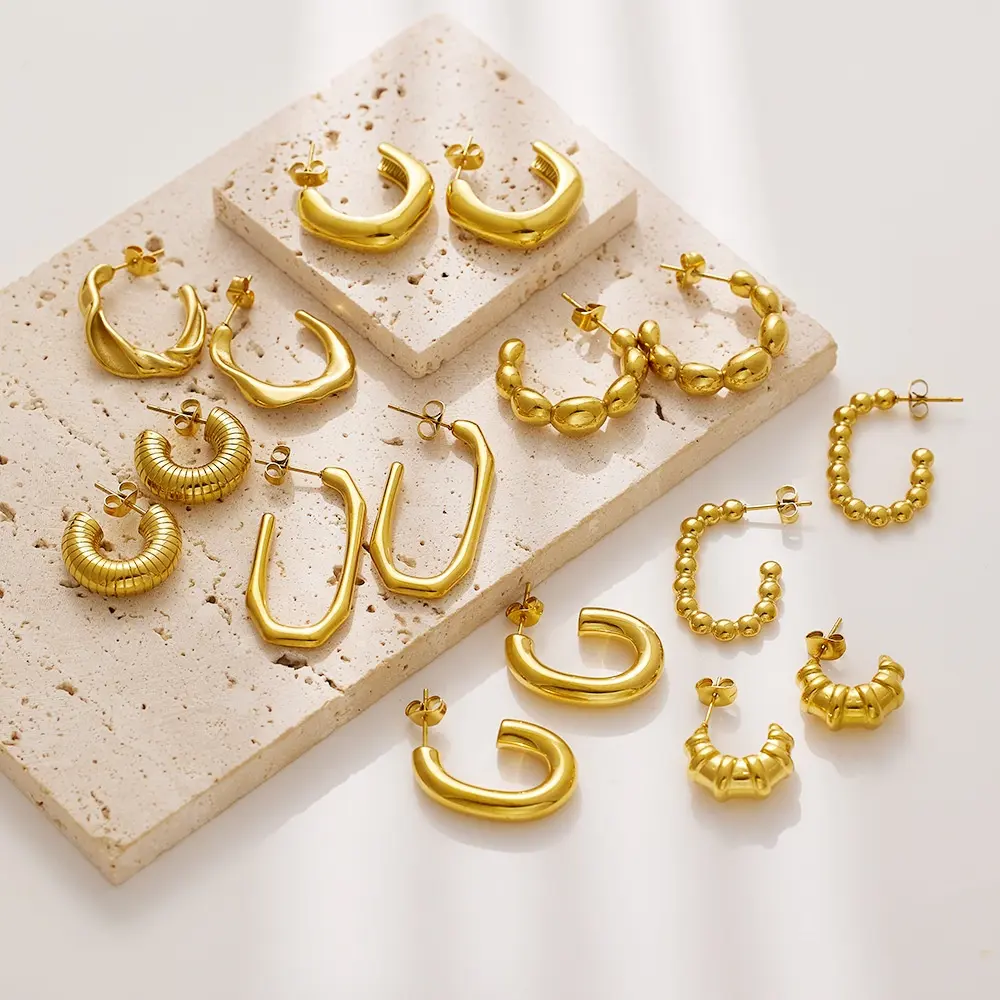 ชุดต่างหูห่วงทองแบบเปิดสำหรับผู้หญิงต่างหูห่วงฮักกี้บิดสีทอง18K ชุบทองสำหรับของขวัญเด็กผู้หญิงน้ำหนักเบา