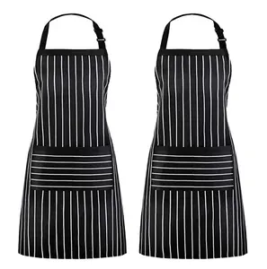 纯棉黑色条纹厨师厨房围裙，带定制标志