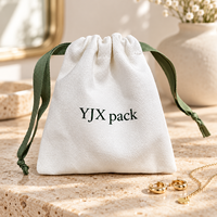 Sac de rangement en coton tissé blanc avec cordon de serrage et ruban vert, pochette personnalisée avec logo imprimé pour emballage de cadeaux et de bijoux