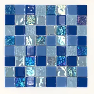 Mosaico per pareti esterne mosaico in cristallo con retro a rete, facile da pavimentare per bagno mosaico in vetro per piscina blu