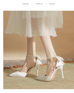 Sandalias de Novia Blancas de Moda para Mujer, Tacones Altos con Lazo, Punta en Pico, Tacones de Aguja con Correa en el Tobillo, Zapatos de Vestir para Boda - Product Image 2