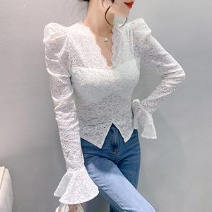 Camisa de moda retro con cuello en V, manga elástica, encaje, lentejuelas <span class=keywords><strong>brillantes</strong></span>, elegante, con mangas abullonadas y espalda de encaje hermosa - Product Image 3