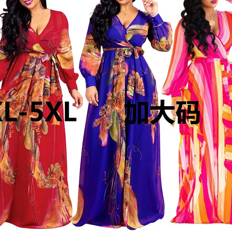 Plus size XL-5XL women printed long sleeve african maxi dresses chiffon dress