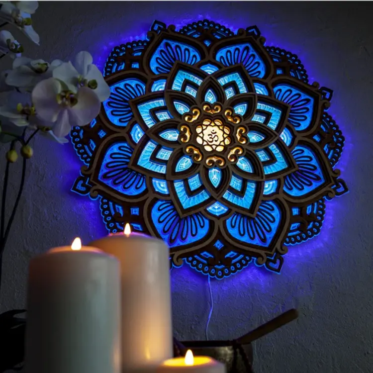 Classic Creative RGB Design Yoga Room Atmosphere 3d Wooden Carving Wall Lamp MultiLayered Carved Wooden LED Mandala Night Light