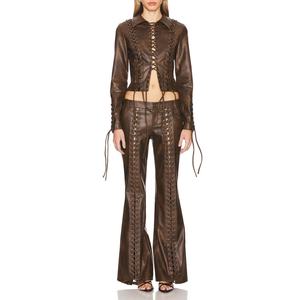 Nuevo Diseño de Alta Calidad, Conjunto de Cuero para Mujer, Chaqueta Corta Sexy con Cierre, Falda en Línea A, Falda de Cuero Deslavada con Efecto Ácido, Traje de Falda para Mujer - Product Image 2