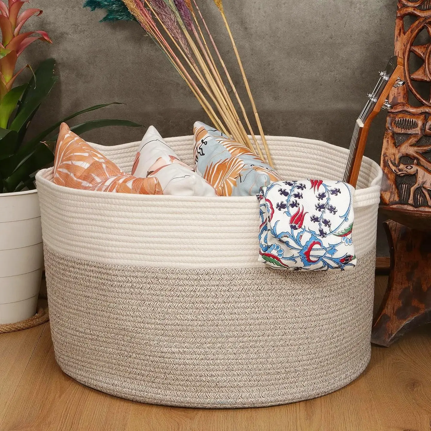 Extra Large Cotton Rope Woven Basket, Throw Blanket Storage Basket with Handles, Decorative Clothes Hamper