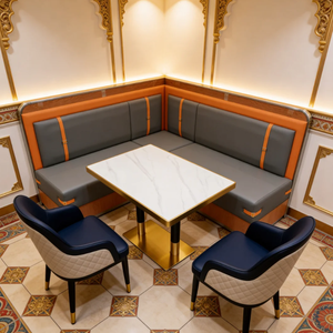 Conjunto de Sillas Modernas en Forma de L de Cuero PU para Restaurante Indio con Mesa de Imitación Mármol para Área de Comedor - Product Image 3