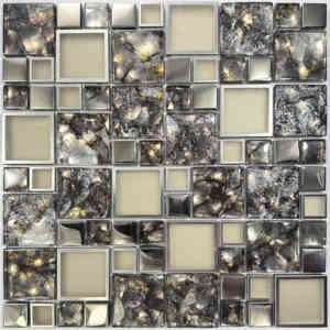 Mosaïque graphique moderne en verre, mélange de matériaux cristallins, film ambre et acier pour crédence et application murale intérieure - Product Image 3