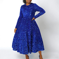 Haute qualité élégante robe de soirée formelle grande taille XXXL robe de bal fête paillettes Midi manches longues robes de cheville pour les femmes