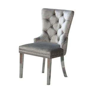 DB Chaises latérales contemporaines en flanelle grise 2 pièces Chaises de salle à manger rembourrées à boutons Ensemble de meubles design à oreilles - Product Image 5