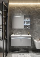 Ensemble de meuble-lavabo de salle de bain gris moderne résistant à l'eau avec miroir intelligent, armoire murale en bois massif et lavabo en céramique pour appartement et hôtel