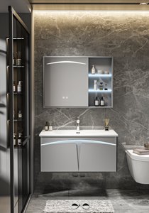 Set Moderno di Mobile <span class=keywords><strong>Bagno</strong></span> Grigio con Specchio Intelligente, Armadietto in Legno Massello Montato <span class=keywords><strong>a</strong></span> Parete con <span class=keywords><strong>Lavabo</strong></span> in Ceramica per Casa e Hotel - Product Image 5