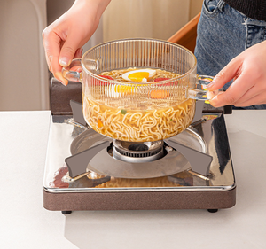 หม้อแก้วใสพร้อมหูจับคู่ ฝาปิดลายหมีน่ารัก หม้อสุขภาพลายทาง ใช้กับเตาไฟฟ้าได้ ปลอดภัยสำหรับทำบะหมี่และนม - Product Image 4