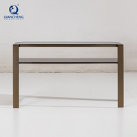 QIANCHENG vente en gros Bronze métal ovale verre coffre armoire français luxe mince haute Vintage couloir Console Table en verre