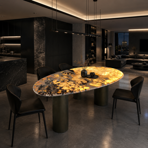 Table à manger personnalisée en quartz Pandora rétroéclairé, plateau ovale, style moderne, 6 places, pieds en métal, mobilier en pierre - Product Image 6