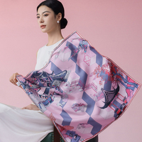 Foulard carré en soie 70 cm pour femme, 100% soie de mûrier, motif jardin chinois, élégant châle enveloppant