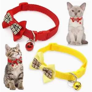 Collier pour chien petite race taille unique, rose uni, avec nœud papillon, réglable, en nylon, pour identification, pour chiot femelle, avec dentelle décorative et clochette, doux - Product Image 1