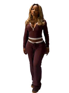 Setelan pakaian wanita musim gugur 2025, setelan 2 potong baju Jogger wanita dengan LOGO kustom, tali serut setengah ritsleting dan celana panjang menyala - Product Image 4