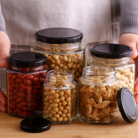 Prix d'usine, vente en gros, pots à confiture et à miel en verre hexagonaux classiques de haute qualité, 280 ml/450 ml/730 ml, couvercles en métal, cadeaux