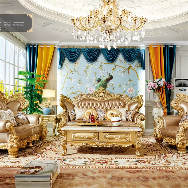 Sofá de couro de luxo Royal Pure Love Seat combinação sala de estar conjunto de sofá de madeira maciça dourado champanhe com mesa