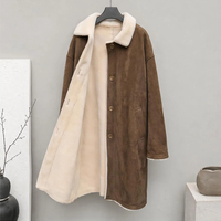 Manteau long chaud pour femme, couleur café, style vintage, en faux daim mélangé laine, doublure polaire, col chemise, boutons en bois, coupe ample, vêtement d'extérieur d'hiver