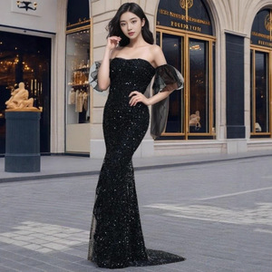 Vestido de noche estilo sirena con hombros descubiertos, color negro brillante, poliéster, ropa formal para mujer - Product Image 4