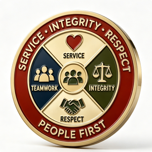 Service Integrity Respect Medal Gold Plated Zinc Alloy Circular Hard Enamel Business Gift People First Teamwork Theme - Product Image 3