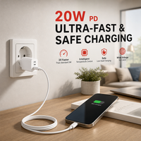 Kit Pengisi Daya Cepat PD 20W Port Tunggal yang Dapat Disesuaikan dengan Kabel USB-C + C atau USB-C + USB-PD untuk Ponsel, Laptop & Komputer